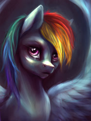 Size: 900x1200 | Tagged: safe, artist:kreativpony, rainbow dash, pegasus, pony, g4, bust, crying, looking at you, portrait, sad, solo, spread wings, wings