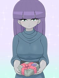 Size: 1536x2048 | Tagged: safe, artist:batipin, maud pie, human, equestria girls, g4, breasts, busty maud pie, female, gradient background, looking at you, present, rock, smiling, solo, when she smiles