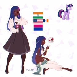 Size: 2048x2048 | Tagged: safe, artist:cryweas, tempest shadow, twilight sparkle, alicorn, human, pony, g4, american flag, anklet, asian, belly button, belly piercing, bisexual pride flag, blushing, bracelet, clothes, cute, dark skin, eye scar, eyeshadow, facial scar, female, gloves, heart, high heels, high res, humanized, india, indian, jewelry, lesbian, lipstick, magic, makeup, mare, midriff, pants, piercing, pride, pride flag, ring, scar, ship:tempestlight, shipping, shirt, shoes, simple background, skirt, socks, solo, stockings, tattoo, thigh highs, twiabetes, twilight sparkle (alicorn), white background
