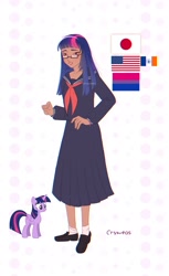 Size: 1251x2048 | Tagged: safe, artist:cryweas, twilight sparkle, alicorn, human, pony, g4, american flag, asian, bisexual pride flag, bracelet, clothes, cute, female, flats, glasses, grin, hairband, humanized, japan, japanese, jewelry, mare, pride, pride flag, school uniform, shirt, shoes, simple background, skirt, smiling, socks, twiabetes, twilight sparkle (alicorn), white background