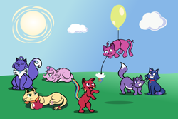 Size: 1200x800 | Tagged: safe, artist:footsam, artist:magerblutooth, applejack, diamond tiara, fluttershy, pinkie pie, rainbow dash, rarity, twilight sparkle, butterfly, cat, g4, :3, apple, applecat, balloon, bell, bristling fur, cat bell, cat teaser, catified, cloud, collar, commission, cowering, cutie mark accessory, cutie mark collar, eyes closed, fangs, floating, floppy ears, fluttercat, food, grass, grin, hair over one eye, looking at each other, looking at someone, looking away, mane six, mouth hold, neckerchief, nervous, nervous smile, nervous sweat, open mouth, open smile, outdoors, pinkie cat, rainbow cat, raricat, rearing, sitting, sky, smiling, species swap, sun, sweat, sweatdrop, tail, tail bell, teen titans go, then watch her balloons lift her up to the sky, twilight cat