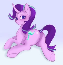 Size: 1439x1481 | Tagged: safe, artist:twilightsparkee, starlight glimmer, pony, unicorn, g4, butt, female, glimmer glutes, gradient background, looking at you, looking back, looking back at you, mare, plot, smiling, smiling at you, solo, tail, tail aside, underhoof