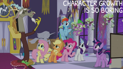 Size: 2000x1125 | Tagged: safe, edit, edited screencap, editor:quoterific, screencap, applejack, discord, fluttershy, pinkie pie, rainbow dash, rarity, spike, twilight sparkle, alicorn, pony, g4, the summer sun setback, breaking the fourth wall, butt, canterlot castle, fourth wall, mane seven, mane six, plot, statue, twibutt, twilight sparkle (alicorn)