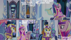 Size: 2000x1125 | Tagged: safe, edit, edited screencap, editor:quoterific, screencap, princess cadance, ruby armor, shining armor, teal crescent, alicorn, pony, unicorn, g4, the beginning of the end, armor, crystal empire, crystal guard, crystal guard armor, helmet, male, quill, royal guard, scroll, stallion, throne