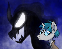 Size: 900x709 | Tagged: safe, artist:joeparraallen, pony of shadows, stygian, pony, shadow pony, unicorn, g4, abstract background, duo, evil, evil smile, glowing, glowing eyes, grin, male, sharp teeth, smiling, stallion, teeth