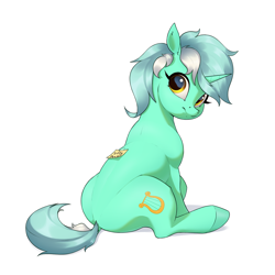 Size: 3200x3200 | Tagged: safe, artist:aquaticvibes, lyra heartstrings, pony, unicorn, g4, female, high res, looking back, mare, note, silly, silly pony, simple background, sitting, solo, sticky note, white background
