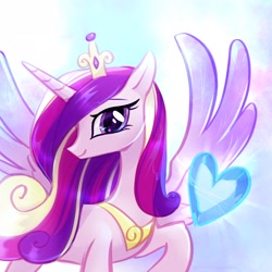 Size: 2048x2048 | Tagged: safe, artist:qwennondeathdie, princess cadance, alicorn, pony, g4, colored wings, crown, crystal heart, female, high res, jewelry, mare, multicolored wings, regalia, solo, spread wings, wings