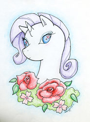 Size: 500x674 | Tagged: safe, artist:sheepingly, rarity, pony, unicorn, g4, bust, colored pencil drawing, flower, solo, traditional art