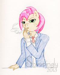 Size: 658x823 | Tagged: safe, artist:sheepingly, babs seed, earth pony, anthro, g4, cigarette, clothes, commission, smoking, solo, suit, traditional art