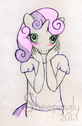 Size: 563x866 | Tagged: safe, artist:sheepingly, sweetie belle, unicorn, anthro, g4, blushing, commission, hands on cheeks, solo, traditional art