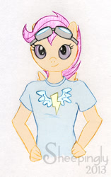 Size: 422x673 | Tagged: safe, artist:sheepingly, scootaloo, pegasus, anthro, g4, clothes, commission, goggles, goggles on head, hand on hip, shirt, solo, t-shirt, wonderbolts logo
