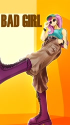 Size: 1080x1920 | Tagged: safe, artist:makaryo, fluttershy, human, equestria girls, g4, boots, clothes, female, looking down, low angle, shoes, smiling, solo, spiked belt, spiked wristband, sunglasses, tank top, text, wristband