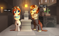 Size: 2530x1579 | Tagged: source needed, useless source url, safe, artist:cornelia_nelson, oc, oc only, oc:cornelia nelson, oc:starforce fireline, pony, unicorn, bipedal, english, female, horn, mare, meme, milk, minecraft, pony oc, text, unicorn oc