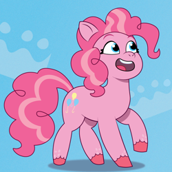 Size: 1200x1200 | Tagged: safe, artist:prixy05, pinkie pie, earth pony, pony, g4, g5, my little pony: tell your tale, g4 to g5, generation leap, light blue background, open mouth, open smile, simple background, smiling, solo