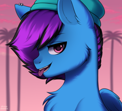 Size: 1540x1400 | Tagged: safe, artist:alunedoodle, oc, oc only, oc:neon dreams, pegasus, pony, beanie, cheek fluff, chest fluff, commission, evening, fluffy, hat, looking at you, male, palm tree, pegasus oc, piercing, sky, smiling, smiling at you, smirk, smug, solo, tongue out, tree, two toned mane, ych result