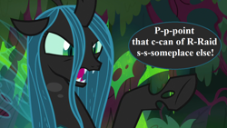 Size: 1280x720 | Tagged: safe, edit, edited screencap, editor:korora, screencap, queen chrysalis, changeling, changeling queen, g4, the beginning of the end, angry, bug spray, female, kills bugs dead, offscreen character, speech, speech bubble, talking, terrified, this will end in assassination, this will end in death