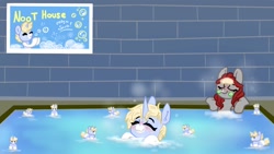 Size: 1280x720 | Tagged: safe, artist:nootaz, oc, oc:nootaz, oc:void, pegasus, pony, unicorn, bath, bathhouse, blushing, duo, eyes closed, female, mare, partially submerged, steam, washcloth