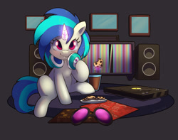 Size: 1523x1200 | Tagged: safe, artist:talimingi, dj pon-3, vinyl scratch, pony, unicorn, g4, chocolate, chocolate milk, cookie, cute, female, food, glasses off, glowing, glowing horn, headphones, horn, levitation, looking at you, magic, mare, milk, record player, smiling, smiling at you, solo, speaker, sunglasses, telekinesis, turntable, vinylbetes