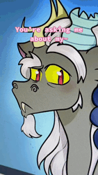 Size: 576x1024 | Tagged: safe, artist:blossom.sweet, discord, misty brightdawn, draconequus, pony, unicorn, g5, spoiler:g5comic, animated, antlers, broken horn, duo, headcanon, horn, music, old man discord, sound, text, theory, tiktok, webm