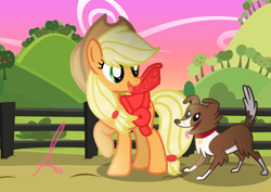 Size: 1024x727 | Tagged: safe, artist:annisathegood, artist:atomicgreymon, artist:estories, artist:meadow611, applejack, winona, dog, earth pony, pony, g4, bag, cowboy hat, duo, duo female, female, hat, mare, open mouth, open smile, saddle, signature, smiling, sunset, tack, tree