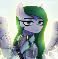 Size: 2268x2300 | Tagged: safe, artist:opal_radiance, oc, oc only, oc:diandra greenline, pegasus, pony, eyebrows, female, high res, looking at you, mare, pegasus oc, smiling, smiling at you, solo, spread wings, wings