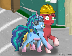 Size: 3880x3030 | Tagged: safe, artist:small-brooke1998, misty brightdawn, sprout cloverleaf, earth pony, pony, unicorn, g5, accidental encounter, awkward, blushing, bumping, clothes, commission, duo, eyes closed, female, hard hat, hat, high res, male, mare, maretime bay, mistyclover, shipping, stallion, straight, sunglasses, walking