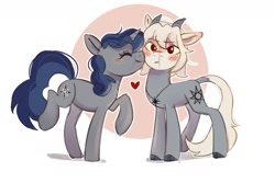 Size: 1280x853 | Tagged: safe, artist:anotherdeadrat, oc, oc only, oc:mantis, oc:snow fallie, demon, demon pony, pony, unicorn, chaos, chaos star, devil horns, duo, duo male and female, fanfic art, female, heart, horn, horns, kissing, male, simple background, unicorn oc, white background