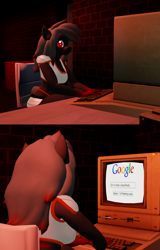 Size: 1618x2529 | Tagged: artist needed, safe, oc, oc only, oc:blood stain, anthro, 2 panel comic, 3d, comic, computer, female, google, keyboard, solo, tower unite, typing