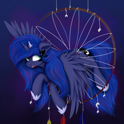 Size: 4000x4000 | Tagged: safe, artist:ser-p, princess luna, alicorn, pony, g4, absurd resolution, adorable distress, commission, commissioner:shaddar, cute, dream walker luna, dreamcatcher, dreamcaught luna, feather, female, funny, horn, lunabetes, silly, solo, story in the comments, stuck, wings