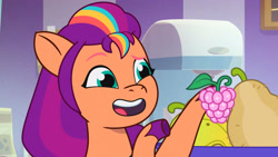 Size: 3072x1727 | Tagged: safe, screencap, sunny starscout, earth pony, pony, g5, my little pony: tell your tale, sunny's smoothie moves, spoiler:g5, spoiler:my little pony: tell your tale, spoiler:tyts01e47, female, food, grapes, mane stripe sunny, mare, open mouth, open smile, smiling, solo