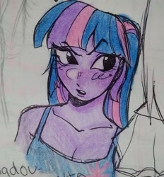 Size: 1209x1305 | Tagged: safe, artist:dulcesilly, twilight sparkle, human, g4, bare shoulders, clothes, female, humanized, sleeveless, solo, tank top, traditional art