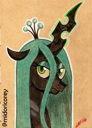 Size: 1155x1606 | Tagged: safe, artist:midoricorey, queen chrysalis, changeling, changeling queen, g4, bust, lidded eyes, solo, traditional art