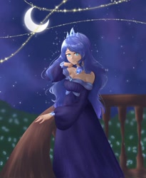 Size: 1680x2048 | Tagged: safe, artist:tatsuk0, princess luna, human, g4, balcony, bare shoulders, clothes, crescent moon, dress, female, gown, hand on chin, humanized, moon, night, s1 luna, sky, smiling, solo, stars