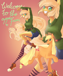 Size: 780x944 | Tagged: safe, artist:tatsuk0, applejack, earth pony, human, pony, g4, clothes, eared humanization, female, grin, human ponidox, humanized, self paradox, self ponidox, shorts, smiling, socks, striped socks, zoom layer