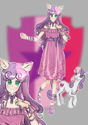 Size: 780x1103 | Tagged: safe, artist:tatsuk0, sweetie belle, human, pony, unicorn, g4, clothes, cutie mark background, dress, eared humanization, female, human ponidox, humanized, self paradox, self ponidox