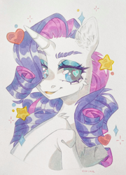 Size: 2259x3135 | Tagged: safe, artist:eiirine, rarity, pony, unicorn, g4, big eyes, bust, cute, ear fluff, female, fluffy mane, heart, heart eyes, high res, looking sideways, mare, marker, marker drawing, open mouth, portrait, raribetes, shiny, simple background, smiling, stars, traditional art, white background, wingding eyes