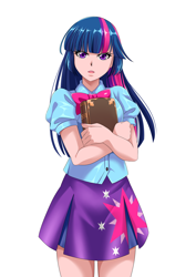 Size: 1158x1637 | Tagged: safe, artist:meielf, twilight sparkle, human, equestria girls, g4, book, clothes, explicit source, female, human coloration, legs, light skin, simple background, skirt, solo, white background