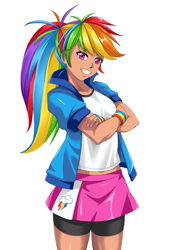 Size: 1158x1637 | Tagged: safe, artist:meielf, kotobukiya, rainbow dash, human, g4, clothes, crossed arms, explicit source, female, humanized, kotobukiya rainbow dash, legs, masculine, moderate dark skin, simple background, skirt, solo, white background