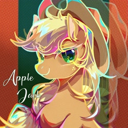 Size: 2048x2048 | Tagged: safe, artist:tkotu1, applejack, earth pony, pony, g4, applejack's hat, bust, chest fluff, cowboy hat, female, hat, high res, looking at you, mare, name, smiling, smiling at you, solo