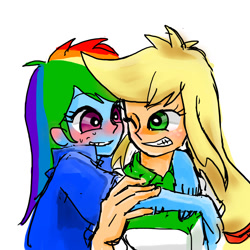 Size: 1200x1200 | Tagged: safe, artist:saigetu_illust, applejack, rainbow dash, human, equestria girls, g4, blushing, duo, female, hug, lesbian, old art, ship:appledash, shipping, simple background, white background