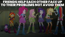 Size: 1920x1080 | Tagged: safe, edit, edited screencap, editor:quoterific, screencap, applejack, fluttershy, pinkie pie, rainbow dash, rarity, sunset shimmer, twilight sparkle, human, equestria girls, g4, my little pony equestria girls: rainbow rocks, doctor who, humane five