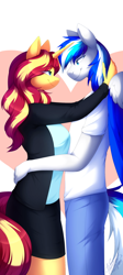 Size: 540x1204 | Tagged: safe, artist:scarlet-spectrum, sunset shimmer, oc, oc:hawker hurricane, pegasus, unicorn, anthro, g4, breasts, canon x oc, colored wings, duo, female, horn, hug, looking at each other, looking at someone, male, two toned wings, wings