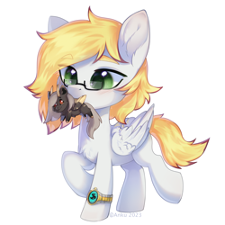 Size: 2000x2000 | Tagged: safe, artist:anku, oc, oc only, oc:dinen, oc:ludwig von leeb, pegasus, pony, behaving like a cat, chibi, clock, folded wings, glasses, high res, horns, invisibility watch, male, mouth hold, pegasus oc, quackenbirdt, signature, simple background, solo, toy, white background, wings