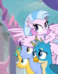 Size: 877x1110 | Tagged: safe, screencap, gallus, silverstream, classical hippogriff, griffon, hippogriff, pony, unicorn, a matter of principals, g4, blue eyes, crystal, female, male, school of friendship