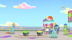 Size: 3072x1727 | Tagged: safe, screencap, delightful trifle, feather clips, luminous dazzle, earth pony, pegasus, pony, g5, my little pony: tell your tale, sunny's smoothie moves, spoiler:g5, spoiler:my little pony: tell your tale, spoiler:tyts01e47, female, male, mare, open mouth, stallion, trio