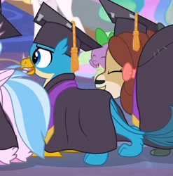 Size: 742x752 | Tagged: safe, screencap, gallus, princess celestia, silverstream, spike, yona, alicorn, dragon, griffon, hippogriff, pony, yak, g4, school raze, season 8, female, graduation, male