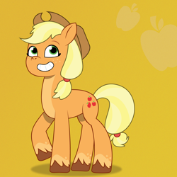 Size: 1200x1200 | Tagged: safe, artist:prixy05, applejack, earth pony, pony, g4, g5, my little pony: tell your tale, g4 to g5, generation leap, grin, orange background, simple background, smiling, solo, why