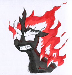 Size: 1238x1280 | Tagged: safe, artist:darkhestur, oc, oc only, oc:storm reaper, kirin, nirik, angry, fangs, fire, marker drawing, simple background, solo, traditional art