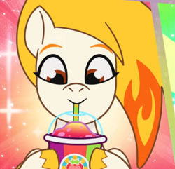 Size: 410x395 | Tagged: safe, screencap, flare (g5), pegasus, pony, g5, my little pony: tell your tale, sunny's smoothie moves, spoiler:g5, spoiler:my little pony: tell your tale, spoiler:tyts01e47, cropped, cute, drinking, female, flareabetes, mare, smoothie, solo