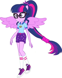 Size: 600x757 | Tagged: safe, edit, edited screencap, editor:incredibubbleirishguy, screencap, sci-twi, twilight sparkle, human, equestria girls, g4, my little pony equestria girls: legend of everfree, background removed, camp everfree logo, camp everfree outfits, clothes, full view, ponied up, ponytail, simple background, solo, spread wings, transparent background, wings